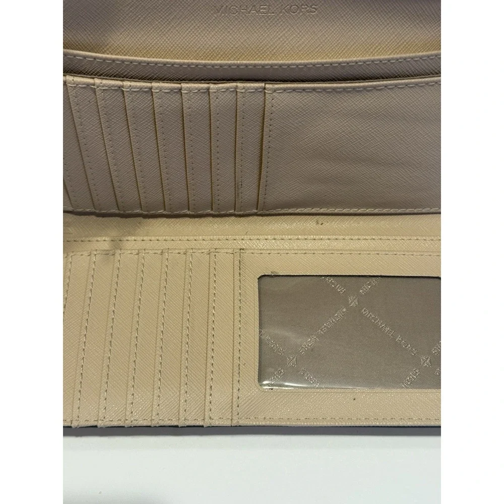 Michael Kors Beige Saffiano Leather Flap Wallet Continental Zip MK